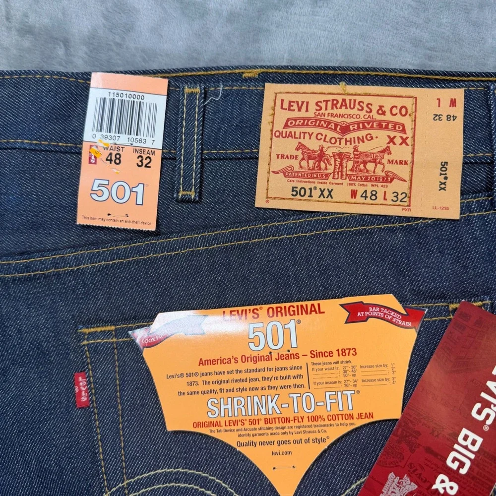 New Levi's 501XX Original Shrink-to-Fit Jeans Men's 48x32 Dark Blue Button Fly